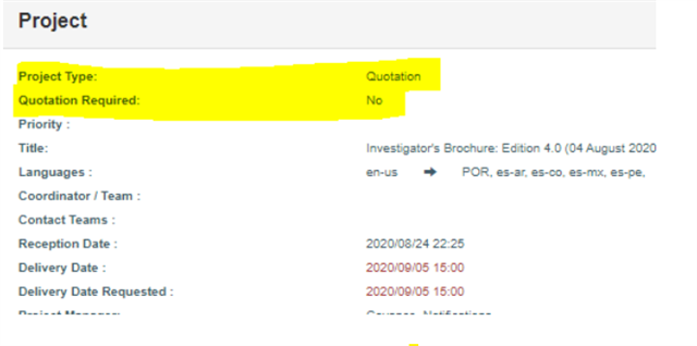 Screenshot of Project details showing 'Project Type' field highlighted with 'Quotation' selected and 'Quotation Required' field reading 'No'.