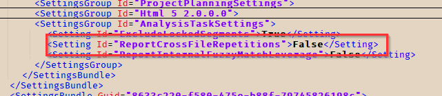XML code snippet showing 'ReportCrossFileRepetitions' set to 'False' within AnalysisTaskSettings in Trados Studio.