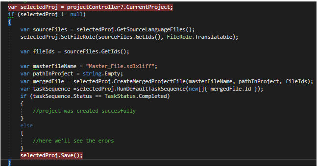 Screenshot of Trados Studio code with a selected project check and steps to create a merged file in memory, including running automatic tasks and saving the project. Comments indicate success and error handling sections.