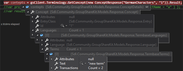 Screenshot of Trados Studio code with a successful retrieval of a concept named 'GermanCharacters' with ID '1'. No visible errors or warnings.