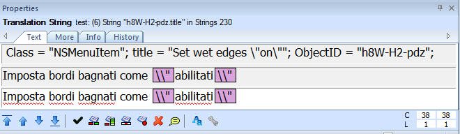 Trados Studio translation string properties window showing a warning for the string 'Set wet edges "on"', indicating an issue with the escape sequence markup.