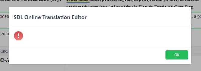 Error message pop-up in SDL Online Translation Editor with a red exclamation mark icon and an 'OK' button.