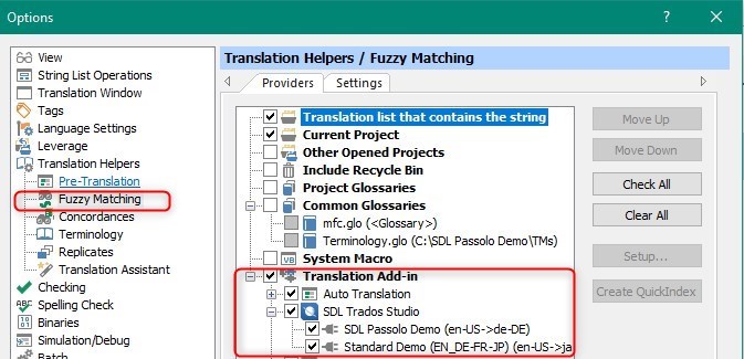 Trados Studio Fuzzy Matching settings page showing Translation Memory options. 'Current Project' and 'Auto Translation' are checked. 'SDL Trados Studio' is highlighted in the Translation Add-in section.