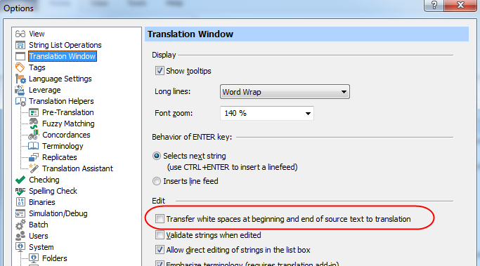 Trados Studio Options dialog showing Translation Window settings with 'Transfer white spaces at beginning and end of source text to translation' option circled in red.
