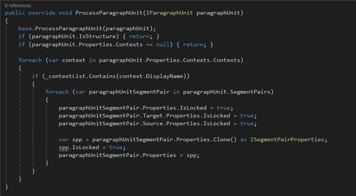 Screenshot of Trados Studio code showing a method to lock segment pairs within a paragraph unit without visible errors.