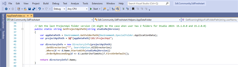 Screenshot of Visual Studio code editor displaying a method to get the last ProjectApiPath folder version from SdlFreshstart application.