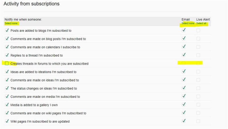 Screenshot of Trados Studio notification settings with three columns labeled 'Email', 'Live Alert', and an unlabeled column with checkboxes. A yellow warning highlights the 'Creates threads in forums to which you are subscribed' option.