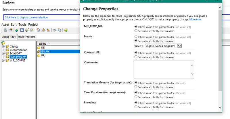 Trados Studio Explorer tab showing 'Rule Projects' folder with subfolders for different locales and a 'Change Properties' window for 'EN_UK' locale.