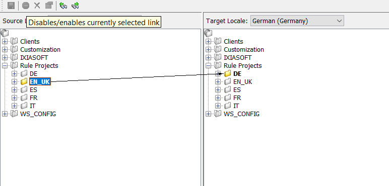 Trados Studio Linkage Editor interface showing source and target locale folders with 'EN_UK' selected as source and 'DE' as target.