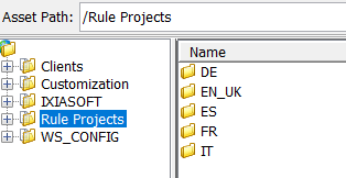Close-up of Trados Studio Explorer tab displaying 'Rule Projects' folder with subfolders for 'DE', 'EN_UK', 'ES', 'FR', and 'IT' locales.