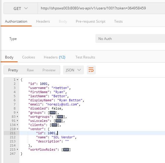 Screenshot of Trados Studio's REST API response in JSON format showing user details including id, username, and vendor information with 'SDL Vendor' as the name.