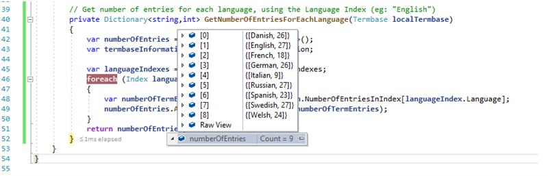 Screenshot of Trados Studio output showing a dictionary with language indexes and corresponding number of term entries, with a total count of 9.