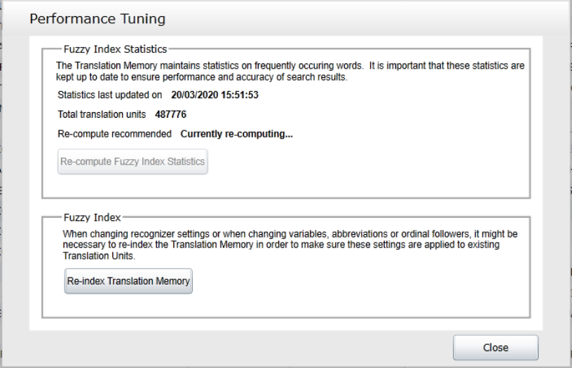 Trados Studio Performance Tuning window showing Fuzzy Index Statistics stuck on 'Currently re-computing...' with a total of 487776 translation units.