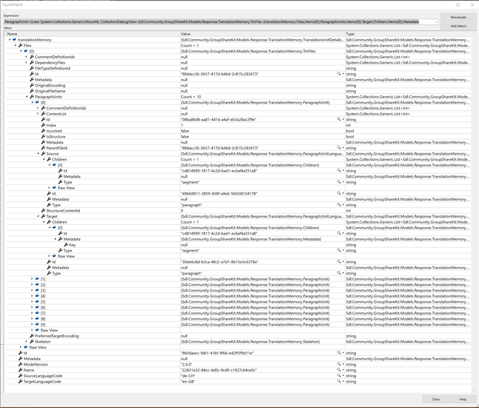 Visual Studio Debug window showing a list of TranslationUnits from a TranslationMemory API call with no visible translated text segments.