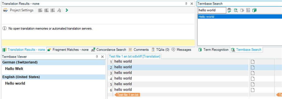 Screenshot of Trados Studio showing the Termbase Viewer with 'hello world' search results in different languages but no highlighting in the source segment.