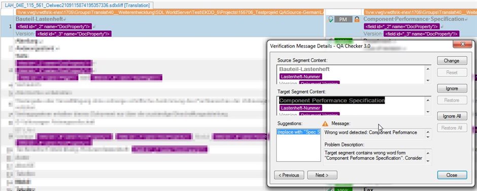 Screenshot of Trados Studio Verification Message Details window with a highlighted message about a wrong word detected, 'Component Performance Specification', and a suggestion to replace it.