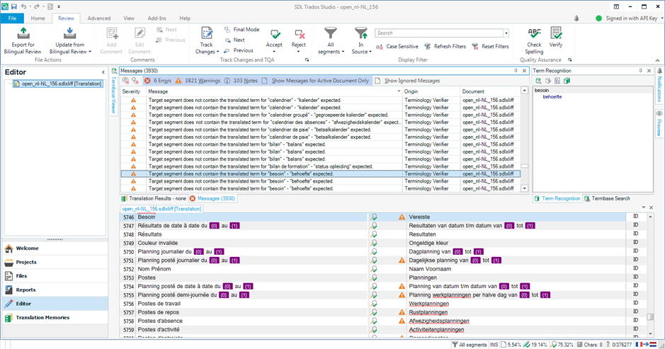 Screenshot of Trados Studio 2017 showing a .sdlxliff file with over 13k segments. The verification window displays multiple error messages indicating missing translated terms in the target segments.