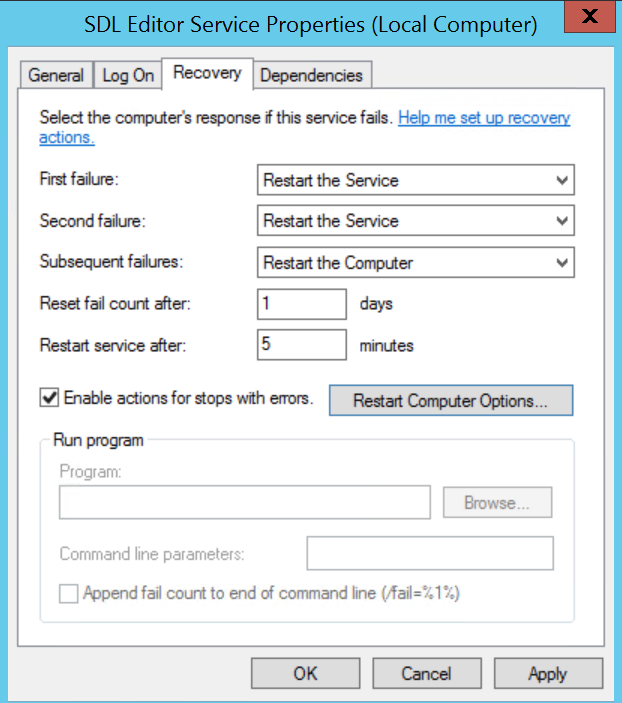 SDL Editor Service Properties dialog box showing Recovery tab with options for computer response on service failure: First failure set to Restart the Service, Second failure set to Restart the Service, Subsequent failures set to Restart the Computer.