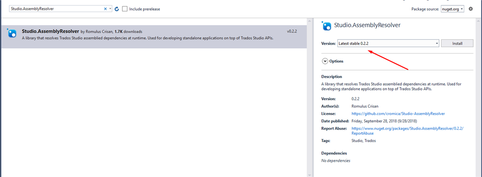 NuGet package page for Studio.AssemblyResolver showing 1.7K downloads, version 0.2.2, and a library description.